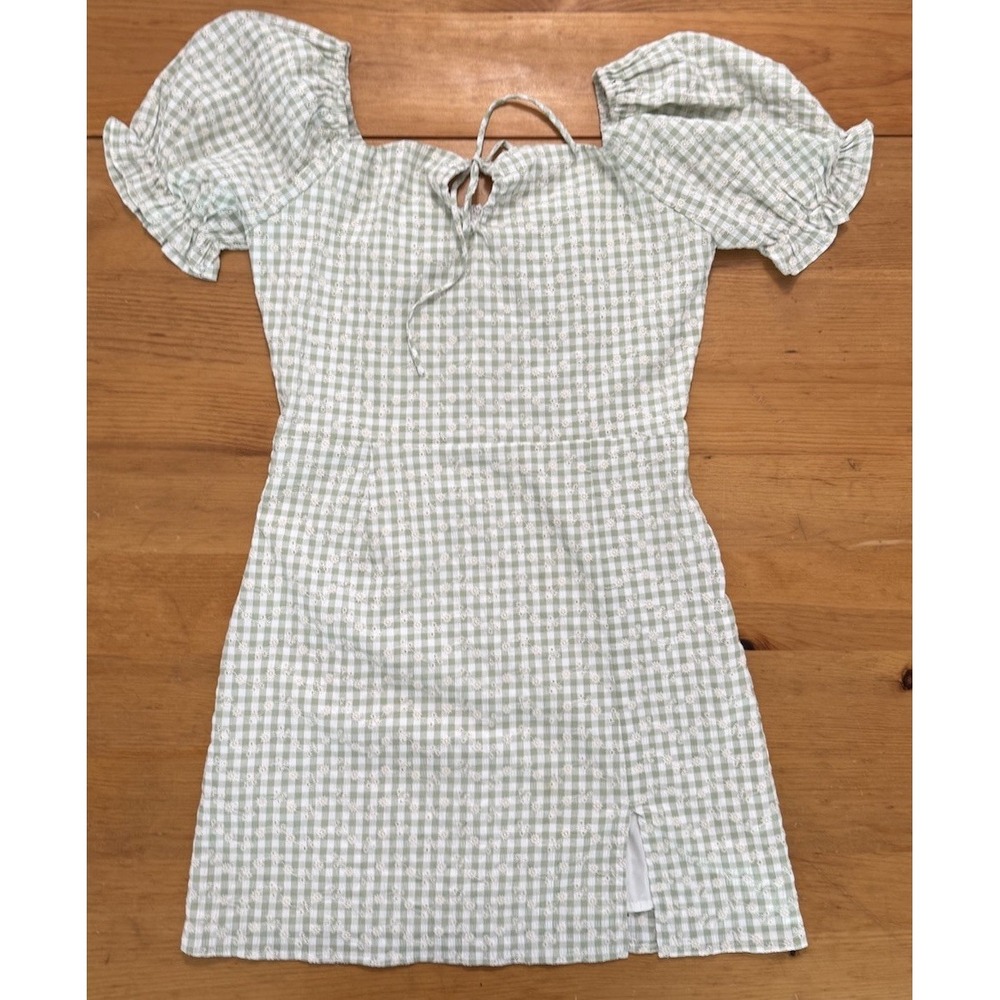 Anthropology SAGE The Label Green Gingham Plaid Islet Floral Mini Dress Milkmaid